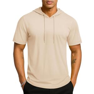 TACVASEN Short Sleeve Hoodies for Men Cotton Hoodies Summer Sweatshirt Lightweight Breathable Workout Shirts Pullover (Beige, XXL)