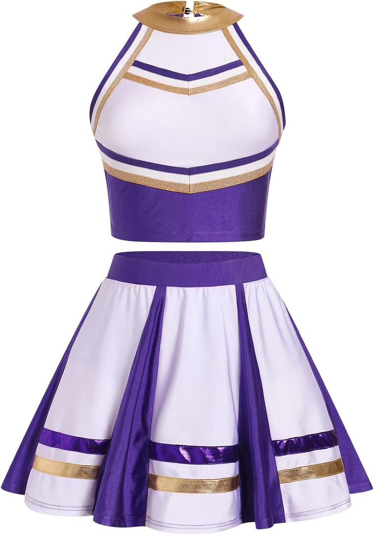 ODASDO Cheerleader Costume for Women Girls Cheer Outfit Adult Cheerleading Uniform Tank Tops + Pleated Skirt 2pcs Set (X-Small, Purple)