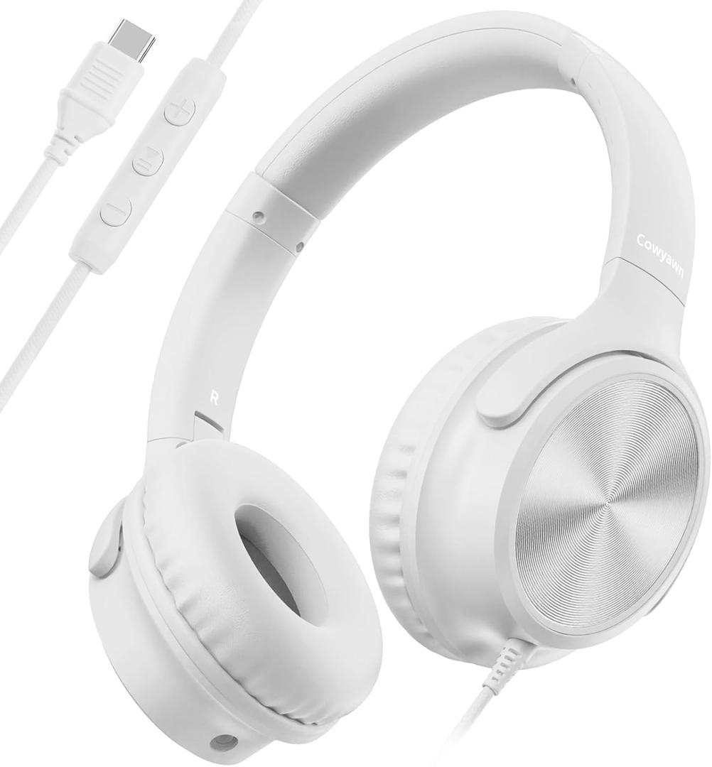 USB C Headphones Wired, Over Ear USB C Wired Headphones with Microphone, Volume Control, HD Stereo Sound, Foldable USB Type C Headphone for Adult/Teens/Laptop/Computer/iPhone 15/16/17, White