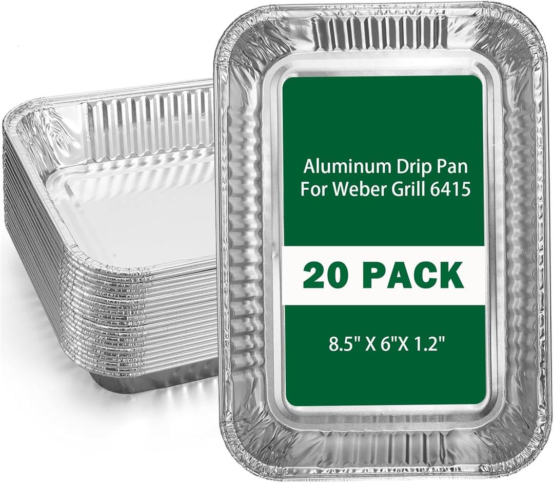 Grill Drip Pans Compatible Weber 6415-20 Pack Grill Accessories for Weber Spirit, Genesis, Traveler, Q Series, Disposable Aluminum Foil Pans Grease Tray Liners 8.5" X 6"