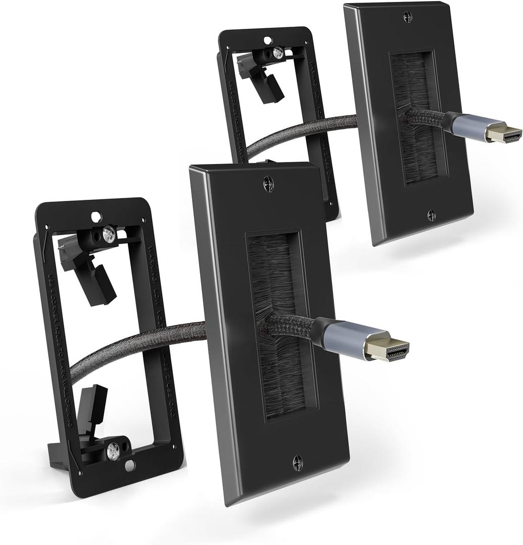 Brush Wall Plate with Mounting Bracket, Cable Pass Through Decorator Cover for Low Voltage Wires, Single Gang Cord Hider for TV Home Theater System, 2 Pack (Black and Black)