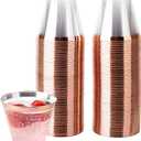 PLASTICPRO 9 oz Disposable Plastic Party Cups,Old fashioned Designed Tumblers, Crystal Clear (Clear With Rose Gold Rim, 100)