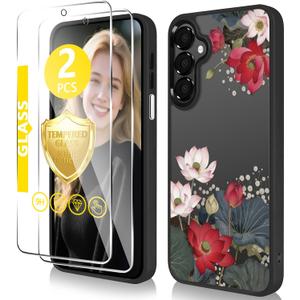for Samsung Galaxy A16 5G Case6.7 inch with Tempered Glass Screen Protector Slim Soft TPU & Hard PC Crystal Clear Cover, Elegant Cute Floral Pattern Design for Girls Women-Lotus/Black