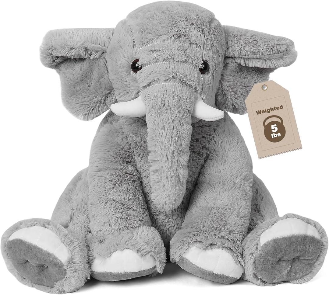 JellyMallow Elephant Weighted Stuffed Animals 5 lbs 16 inches Gray, Large Weighted Elephant Plushie Cuddly Pillow Gift for Kids & Adults
