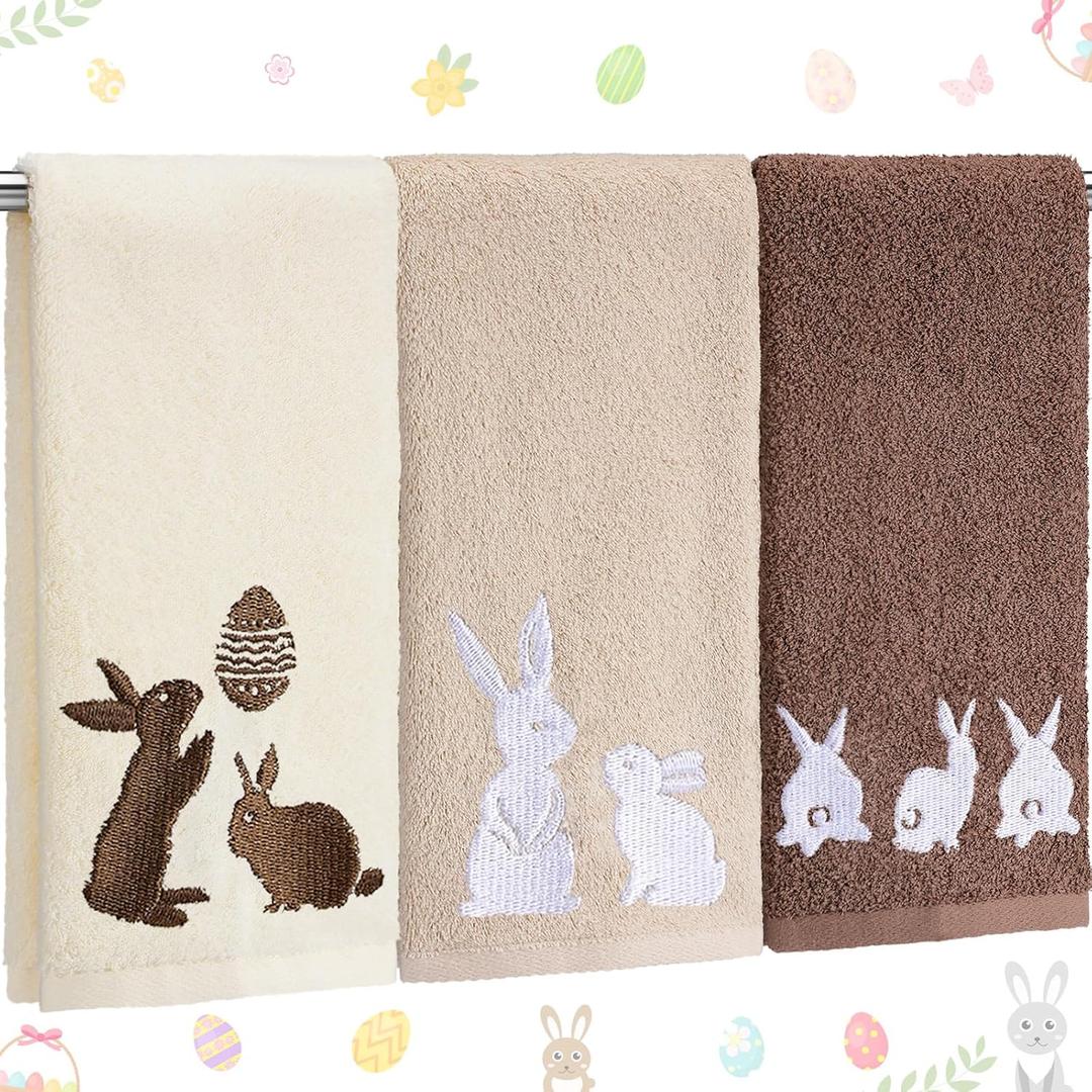 Fanfanwin 3 Pcs Easter Hand Towels for Bathroom Embroidered Bunny 100% Cotton Soft Absorbent Kitchen Dish Towels 14 x 29 Inch Easter Decorative Rabbit Bathroom Decor for Spring Home Decor Gift (Beige, Khaki, Brown)