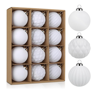 Velvet Christmas Ball Ornaments Set - 12 Pcs 3.1" Large Hanging Balls White with 3 Textures | Smooth Diamond Pleated | Shatterproof Luxury Decor for Christmas Tree Holiday Home Party Decorations
