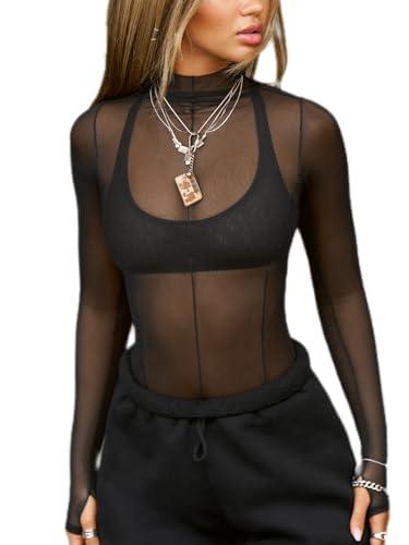 Sheer Long Sleeve Tops for Women Mock Neck T Shirts Sexy See Through Mesh Slim Fit Going Out Lace Tee Tops Black Large