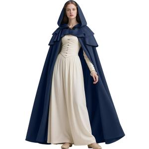 L'VOW Medieval Hooded Cloak Renaissance Cape with Ruffled Shawl Collar for Women Men Halloween Cosplay, Navy Blue, One Size