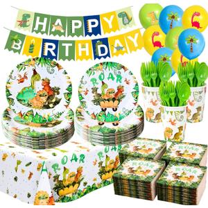 Dinosaur Birthday Party Decorations Set  119 PCS Dino Theme Party Supplies for Kids, Banner, Balloons, Plates, Cups, Napkins, Tablecloth, Invitations & Cake Toppers