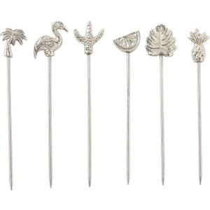 Folkulture Cocktail Picks | Set of 6 (4") Martini Picks for Christmas Gifts for Men | Stainless Steel Reusable Toothpicks for Drinks or Bloody Mary Skewers | Garnish Sticks, Olives or Fruits, Nickel (Silver)