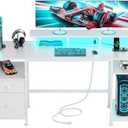 Furologee 51" Gaming Desk with Power Outlets & LED Lights, Reversible Computer Desk with File Cabinet & Monitor Stand for Home Office, Large Work Table with Storage Shelves & Drawer, White