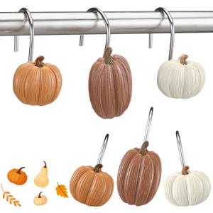 Weysat 12 Pcs Pumpkin Decorative Shower Curtain Hooks Fall Shower Curtain Rings Hanger Stainless Steel Resin Thanksgiving Bathroom Hook for Halloween Farmhouse Rustic Bathroom Decor(Brown,Pumpkin)