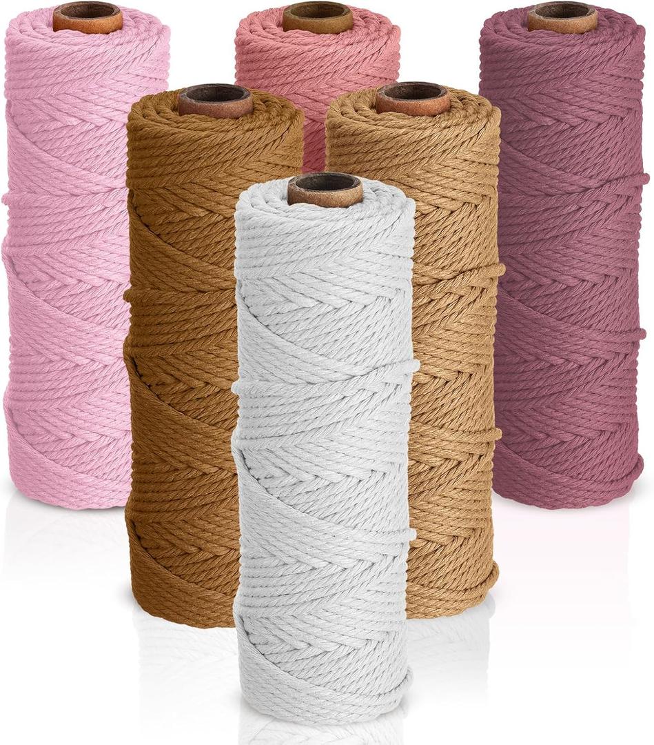Nuanchu 6 Rolls Macrame Cord 3mm x 328 Yards Cotton Rope Colored Yarn Twine Set for DIY Wall Plant Hanger Crafts Knitting Making Supplies, 6 Colors(Assorted Colors)