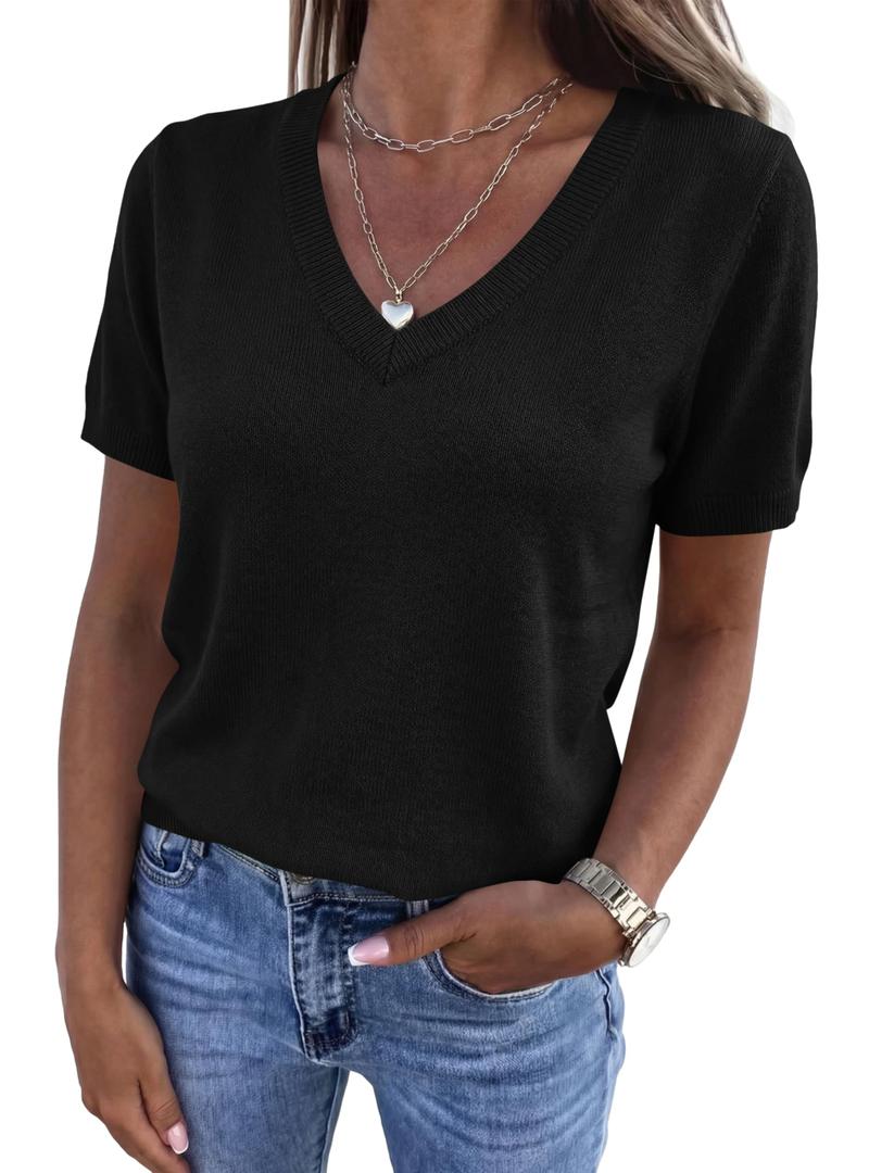 PRETTYGARDEN Womens Short Sleeve Sweaters V Neck Business Casual Tops Lightweight Sweater Shirts 2026 Summer Spring Outfits, S