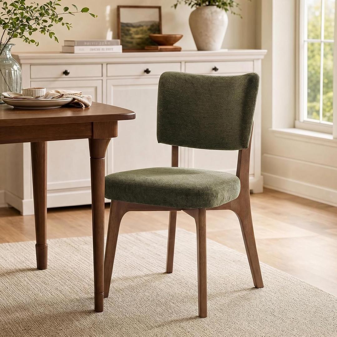 YOUNIKE Wooden Dining Chair, Chenille Fabric Upholstered Dining Room Chair Kitchen Side Chair, Farmhouse Dinner Chair with Solid Wood Legs for Kitchen Dining Vanity, Green (Single Pack)