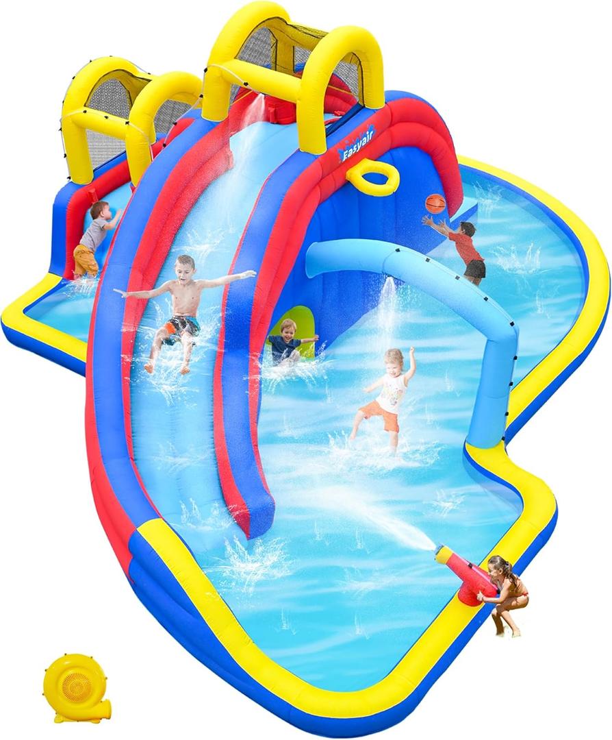 Inflatable Water Slide Bounce House with 650W Blower, 2 Climbing Walls, 2 Slides, 2 Splash Pool, Basketball Hoop, Water Gun, 216 x 194 Inch Blow Up Water Slides for Backyard Blue