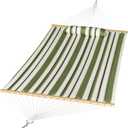 Double Quilted Fabric Hammock with Pillow, Heavy Duty Hammock with Hardwood Spreader Bars, 2 Person Hammock 450 Pound Capacity for Outdoor Outside Patio Garden Yard, Olive/White Stripes