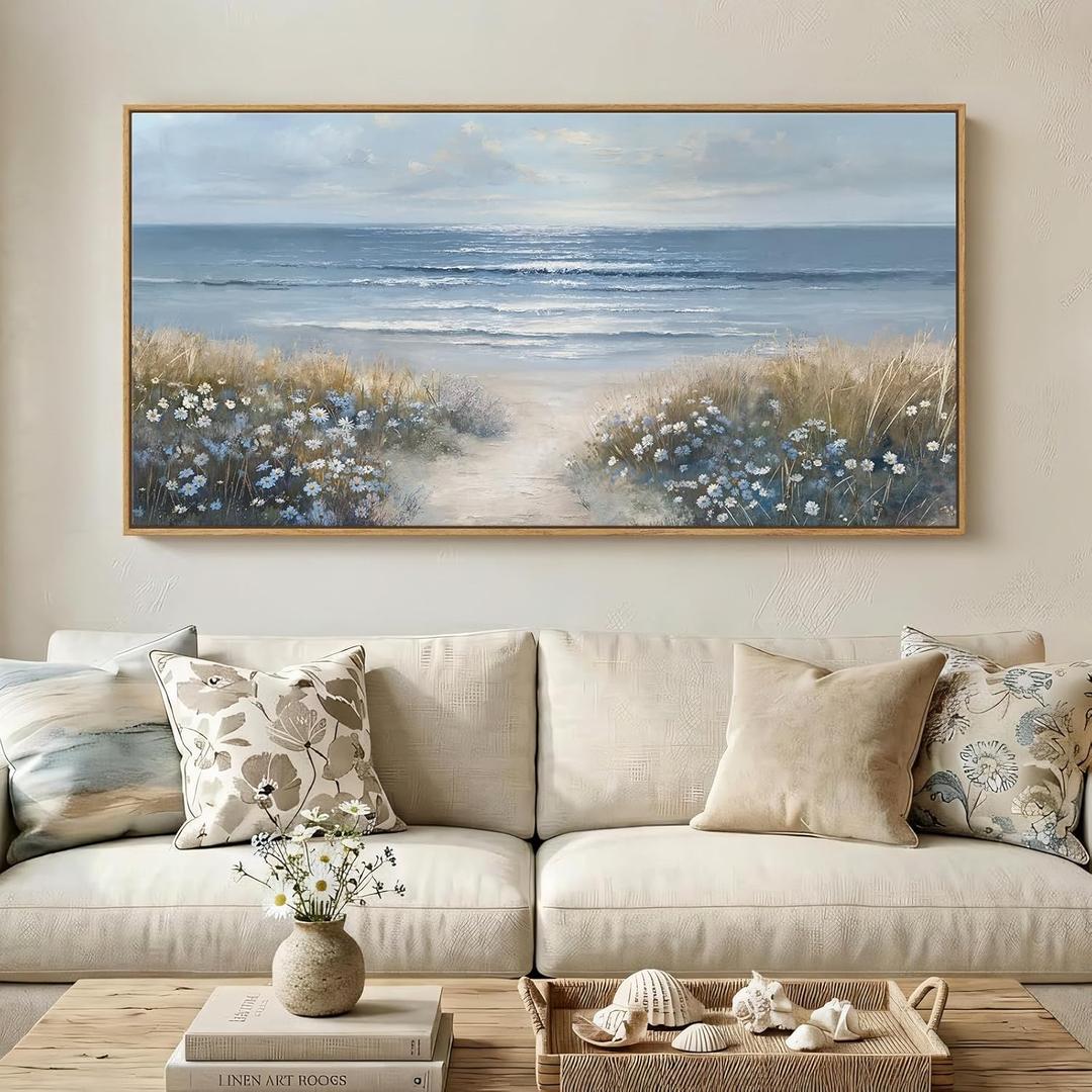 Extra Large Framed Coastal Landscape Wall Art for Living Room, Horizontal Floral Beach Seascape Canvas Artwork for Walls, Ocean Scenic Picture Print for Bedroom Dining Room Office Wall Decor, 60x30 In