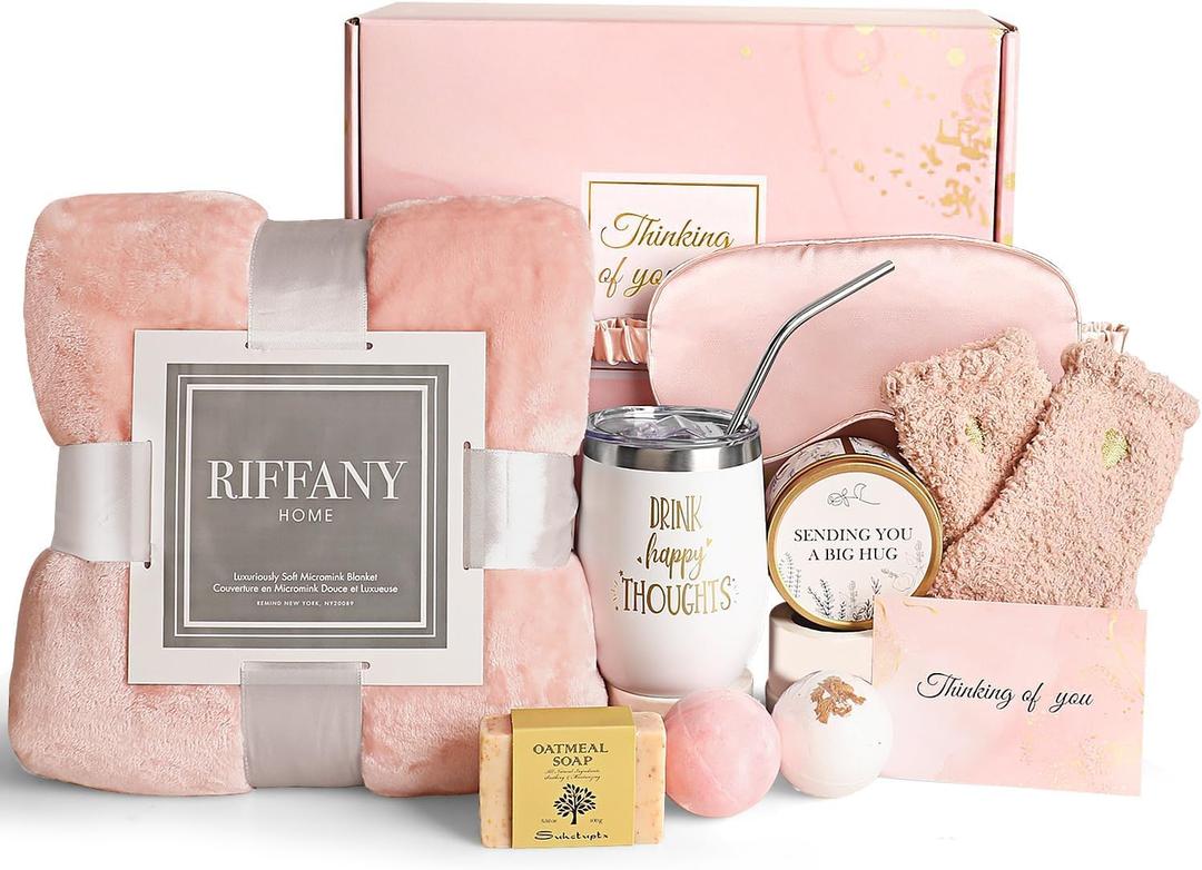 Birthday Gifts for Women, Unique Happy Birthday Gift Basket Self Care Package Bday Ideas with Luxury Flannel Blanket for Mom Her Best Friends Sister Wife Friendship (Pink)