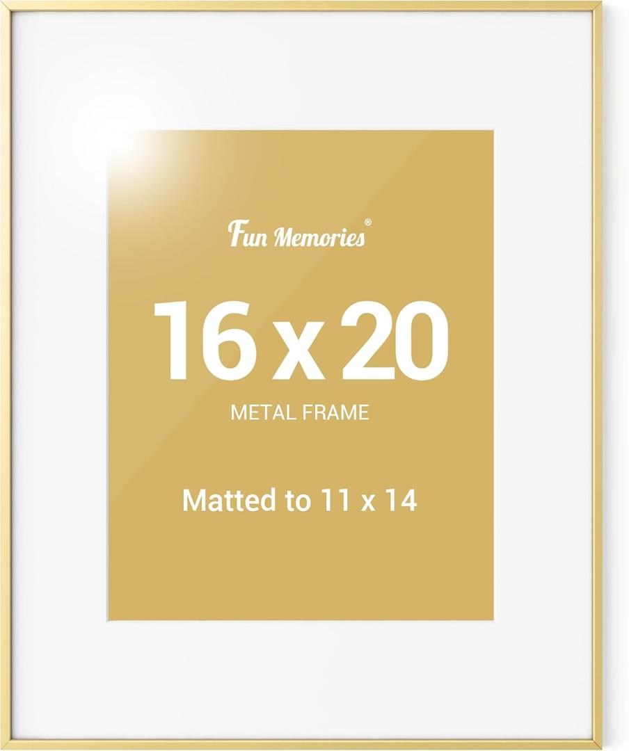 Fun Memories 16x20 Gold Poster Frame, Metal 16x20 Picture Frames with 11x14 Removable Mat, Vertical and Horizontal Display, Wall Hanging Picture Frame with Glass, Set of 1