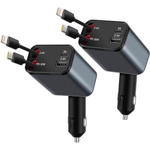 2Pack 4 in 1 Retractable Car Charger, 69W USB C Car Accessories Adapter for iPhone 17 USB C Charger Fast Charging,Truck Accessories,Travel Essentials Gifts for Women Men, for iPhone 16 15 14, Galaxy