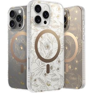 LONLI Hue - Magnetic Case for iPhone 16 Pro - [Compatible with Magsafe] - [360 Shock-Absorbent Bumper] - [Cute and Unique Phone Cover for Girls and Women] - Gold Floral