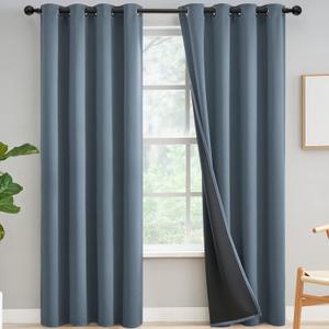 Yakamok 100% Blackout Curtains for Bedroom 84 Inch Length, Light Blocking Drapes with Black Backing, Thermal Insulated Solid Grommet Panels for Living Room, 52Wx84L, Stone Blue, 2 Panels