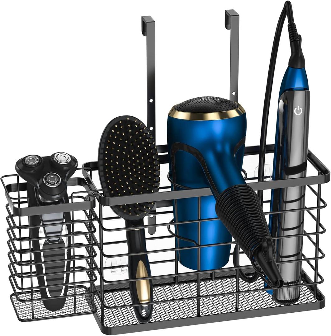Hair Tool Organizer, Dryer Holder, 3 in 1 Blow Bathroom Organizer Wall Mounted/Cabinet Door for Flat Iron, Curling Straightener, Care & Styling Tools Storage Basket (Black)
