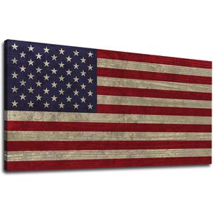 Canvas Wall Art Vintage Flag The Stars and The Stripes Contemporary Artwork Retro Rustic American National Flag Picture for Living Room Bedroom Office Wall Decor Large Canvas Painting Prints 24" x 48"