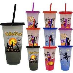 10pack/set Color Changing Halloween Cups With Lids and Straws - 24oz (710ml) Plastic Tumblers, Reusable Cup for Indoor Decorations, Trick or Treat, Christmas Party Favors