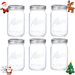 WELLIFE Wide Mouth Mason Jars, 6 Pack Mason Jars 32 oz for Pickling, Canning, Fermenting and Food Storage, Microwave & Dishwasher Safe (Clear)