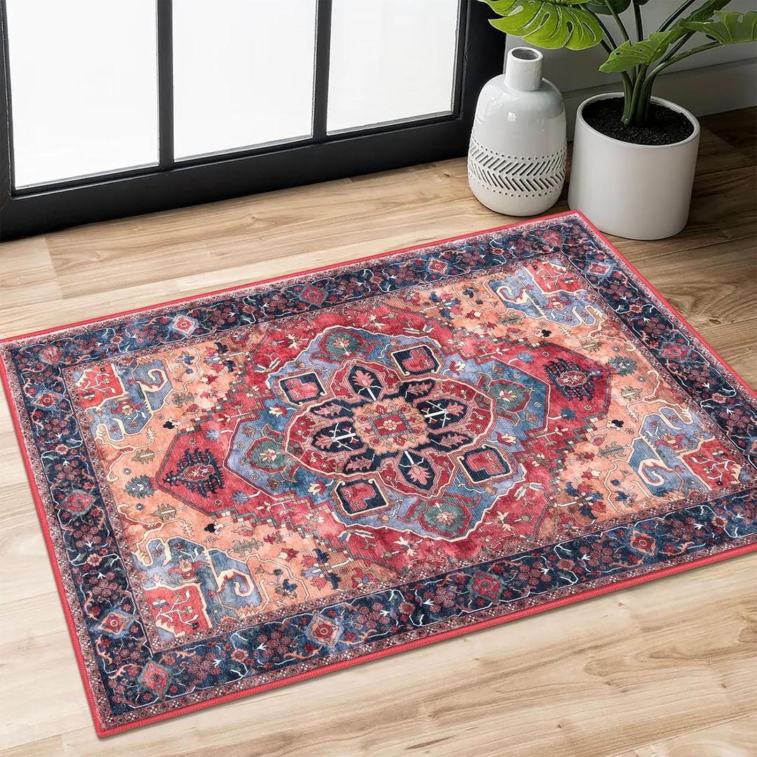 SIILOOM 2x3 Vintage Washable Rug, Red Soft Area Rug for Entryway, Boho Non-Slip Indoor Door Mat, Low-Pile Kitchen Rugs, Floor Carpet for Entrance Kitchen Bedside Farmhouse