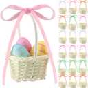 Weysat 18pcs Velvet Bow Mini Easter Baskets with Handles pastel Easter Party Favor Supplies Mini Woven Rattan Flower Baskets with Colorful Ribbon for Tiny Party Favors, Arts with DIY Crafts
