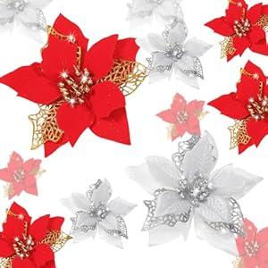 Boao 24 Pieces Christmas Artificial Glitter Poinsettia Flowers Xmas Flowers Wedding Christmas Tree New Year Ornaments(Black)