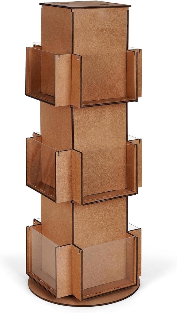 Natheeph Rotating Display Stand Greeting Card Display Wooden Display Rack with Two Card Sticker for Greeting Card Vendor Coffee Bag 3 Tier Tabletop Display Stand (Brown)