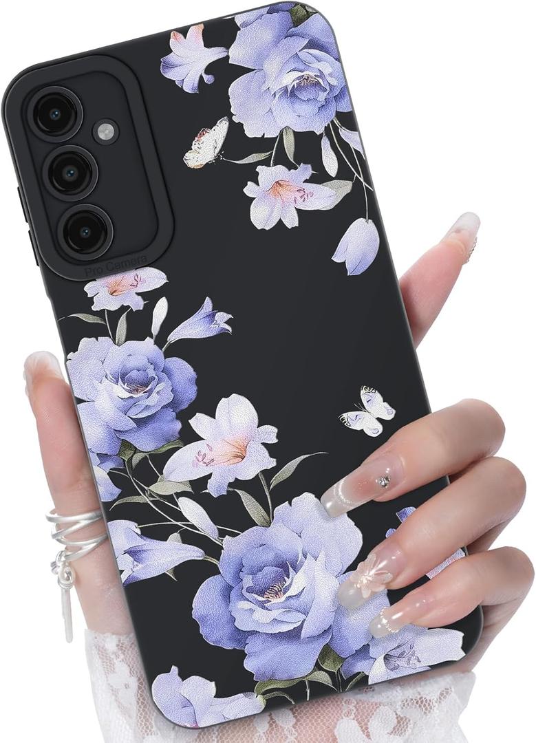 2 x for Samsung Galaxy A14 5G Phone Case, Fashion Flower Pattern Design Girls Women Liquid Silicone Cover, Slim Shockproof and Scratch-Resistant Soft Case for Samsung A14 - Black