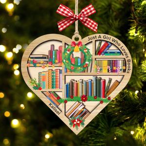 Personalized Just A Girl Who Loves Book Ornaments for Christmas Tree, Custom Name Heart Shape Girl Book Lover 2 Layered Wooden Christmas Ornament, Library Bookshelf Bookish Ornament Gifts for Women (Style11)