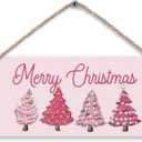 Merry Christmas Pink Christmas Tree Xmas Hanging Wooden Signs 12x6, Pink Xmas Wall Decor, Merry Xmas Sign, Hanging Sign, Tree Wall Decor