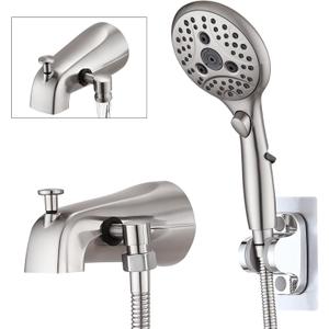 PROOX All Metal Tub Spout with Diverter, 6 Settings Hand held Shower with ON/Off Pause Switch, Bathtub Faucet with Sprayer Brushed Nickel