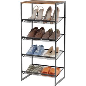 Garden 4 you Shoe Rack for Closet Narrow 5 Tiers, Small Shoe Rack with Brown Wooden Tabletop, Adjustable Metal Shoe Shelf for Closet Entryway Hallway Living Room