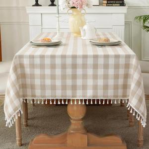 Laolitou Checkered Tablecloth Rectangle Washable Buffalo Plaid Table Cloth with Tassel Cotton Linen Gingham Table Cover for Picnic Kitchen Dining Room, Beige, 70 Inch (70" x 55" (Rectangular))