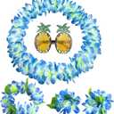 5 Pack Hawaiian Flower Lei Set, Hawaiian Lei Flower Garland Fancy Dress Set with Pineapple Sunglasses, Hawaiian flower Necklace Headbands and Wristbands For Tropical Hawaiian Luau Party Supplies, Blue