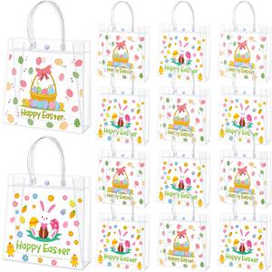 Motipuns 24 Pcs Happy Easter Gift Bags Reusable Clear PVC Bunny Treat Bags with Handles Egg Goodie Party Favor Totes for Easter Spring Birthday Holiday Party Supplies