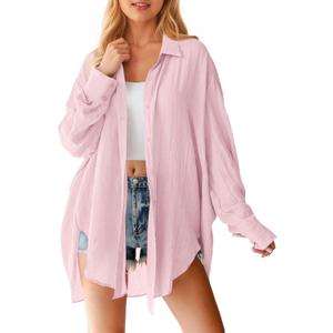 Saodimallsu Womens Oversized Button Down Shirts Long Sleeve Irregular Hem Blouse Tops (Small, Pink)