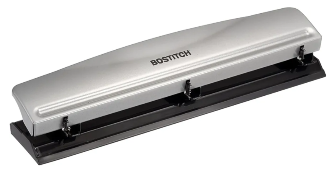Bostitch Office Premium 3 Hole Punch, 12 Sheet Capacity, Metal, Rubber Base, Easy-Clean Tray, Silver