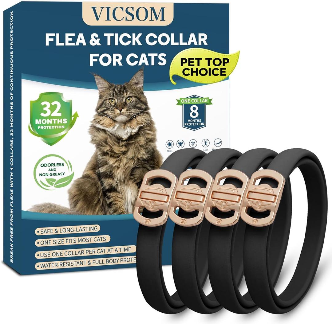 Flea Collar for Cats 4 Pack, 32 Months Flea and Tick Prevention for Cats Collar, Waterproof Cat Flea Collar, Natural Cat Flea and Tick Treatment Collar, Adjustable Flea Collar for Cat Kitten, Black