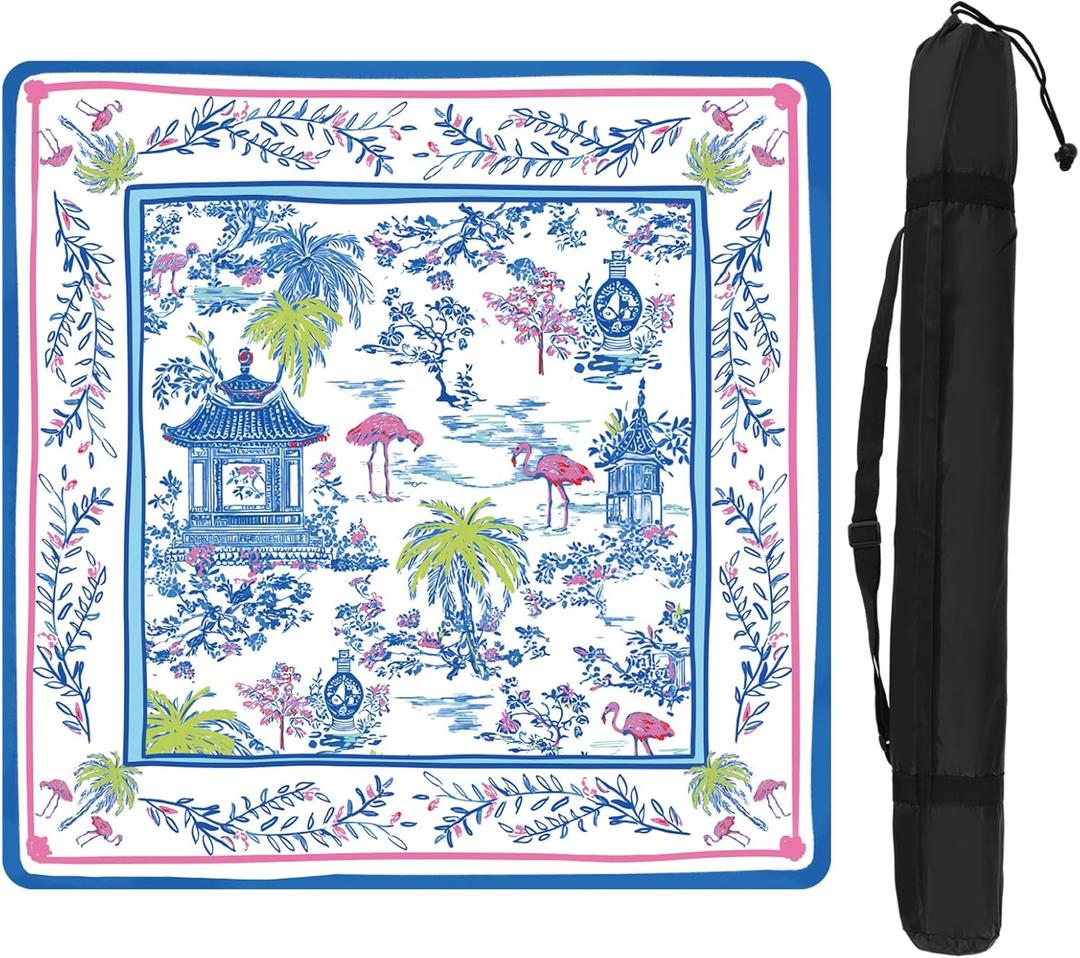 FYSUIMU Pavilion Mahjong Mat with Carrying Bag 31.5" x 31.5" Table Mat Chinoiserie Flamingo Coconut Trees Non-Slip Game Table Cover for Card Board Tile Games