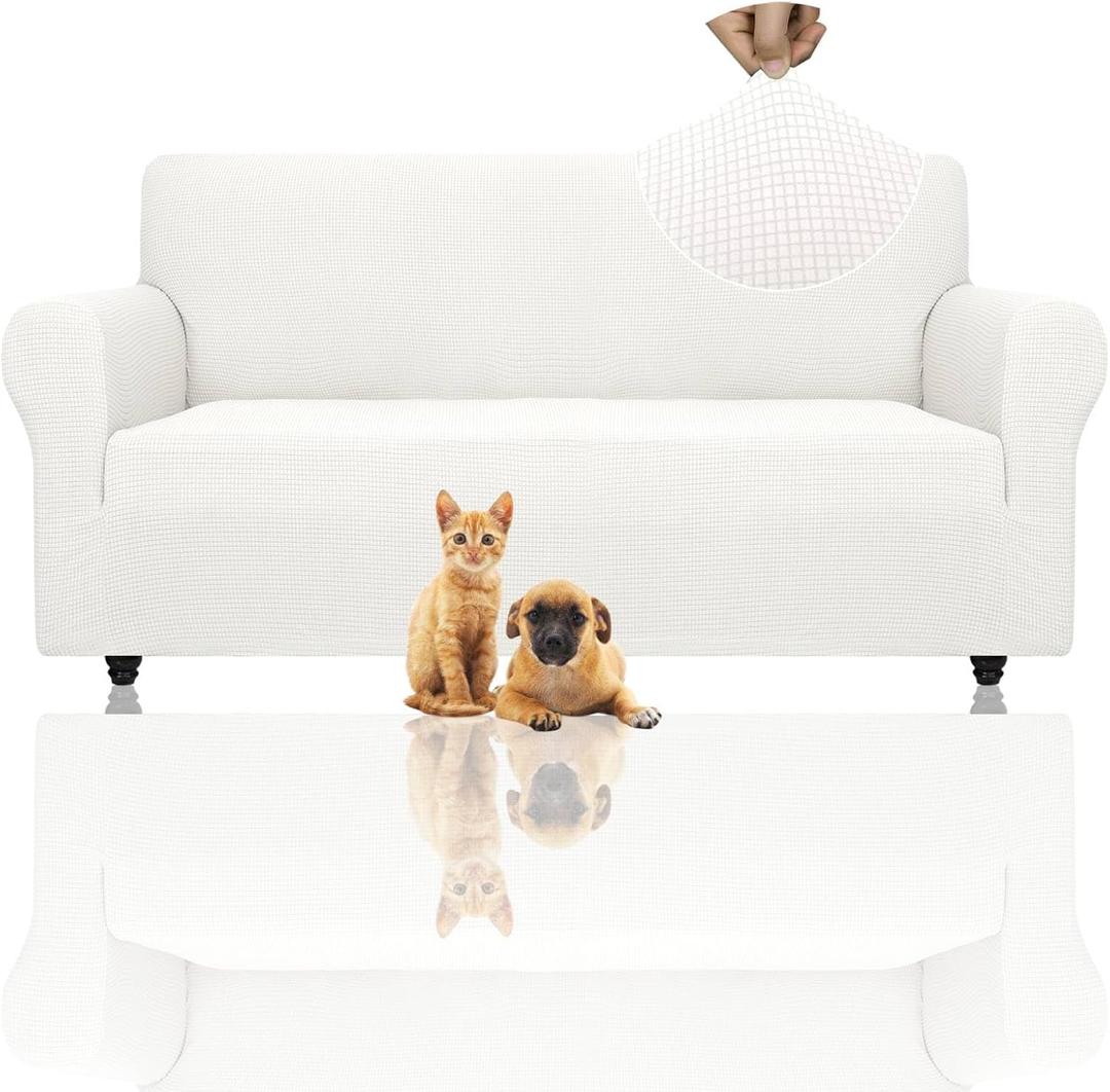 ZNSAYOTX Super Stretch Couch Cover (72"-92") Universal Sofa Covers with Elastic Bottom, Dog Cat Pets Friendly Washable Furniture Protector Fitted Sofa Slipcovers Stay in Place (White, Sofa)