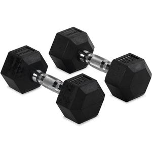 Titan Fitness 15 LB Pair Rubber Coated Hex Dumbbells, Roll-Resistant Hexagonal Free Weights, Chrome-Coated Handles with Knurling, Strength Training Equipment