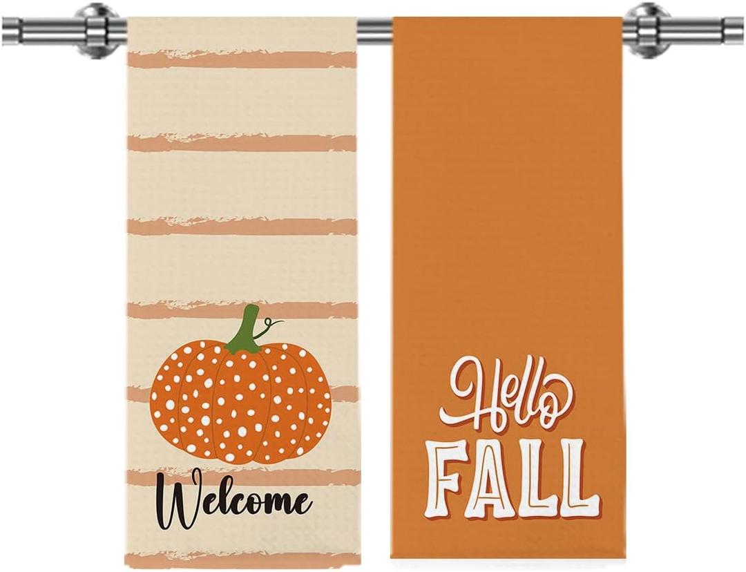 2Pcs Orange Stripe Dot Pumpkin Hello Fall Kitchen Towels Fall Kitchen Decor for Home Autumn Thanksgiving Harvest Gifts Waffle Weave Dish Tea Hand Towels for Farmhouse Kitchen Bathroom 14 x 23 Inches